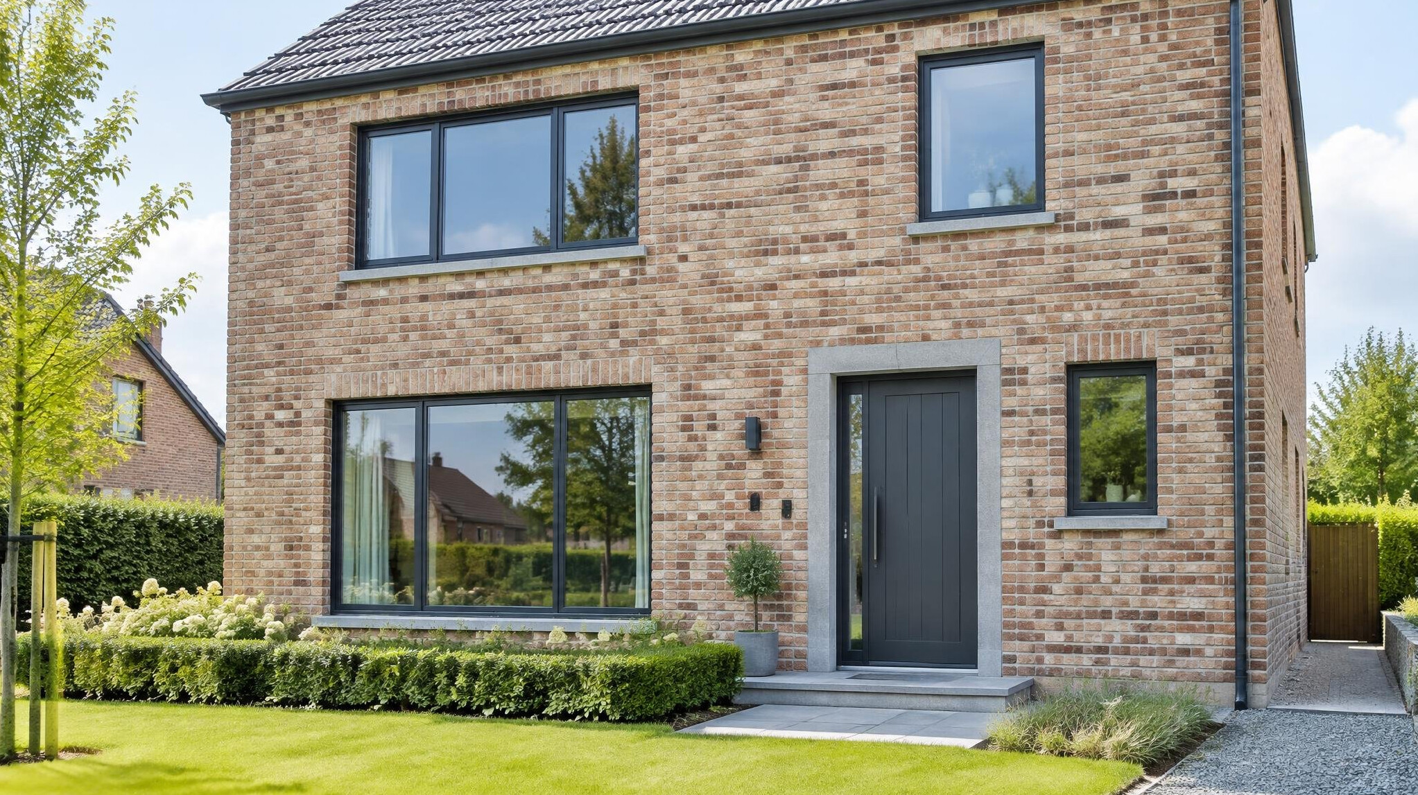 Modern house facade with large windows and a front door