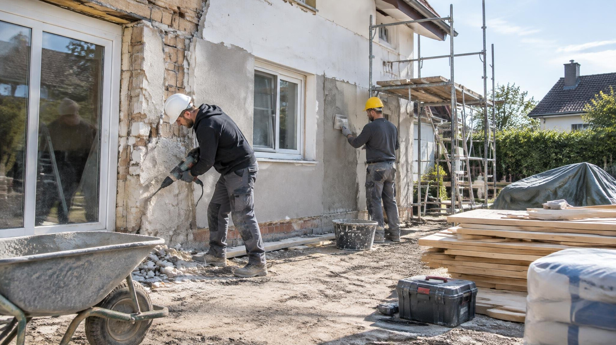 Tradesmen working on a building site